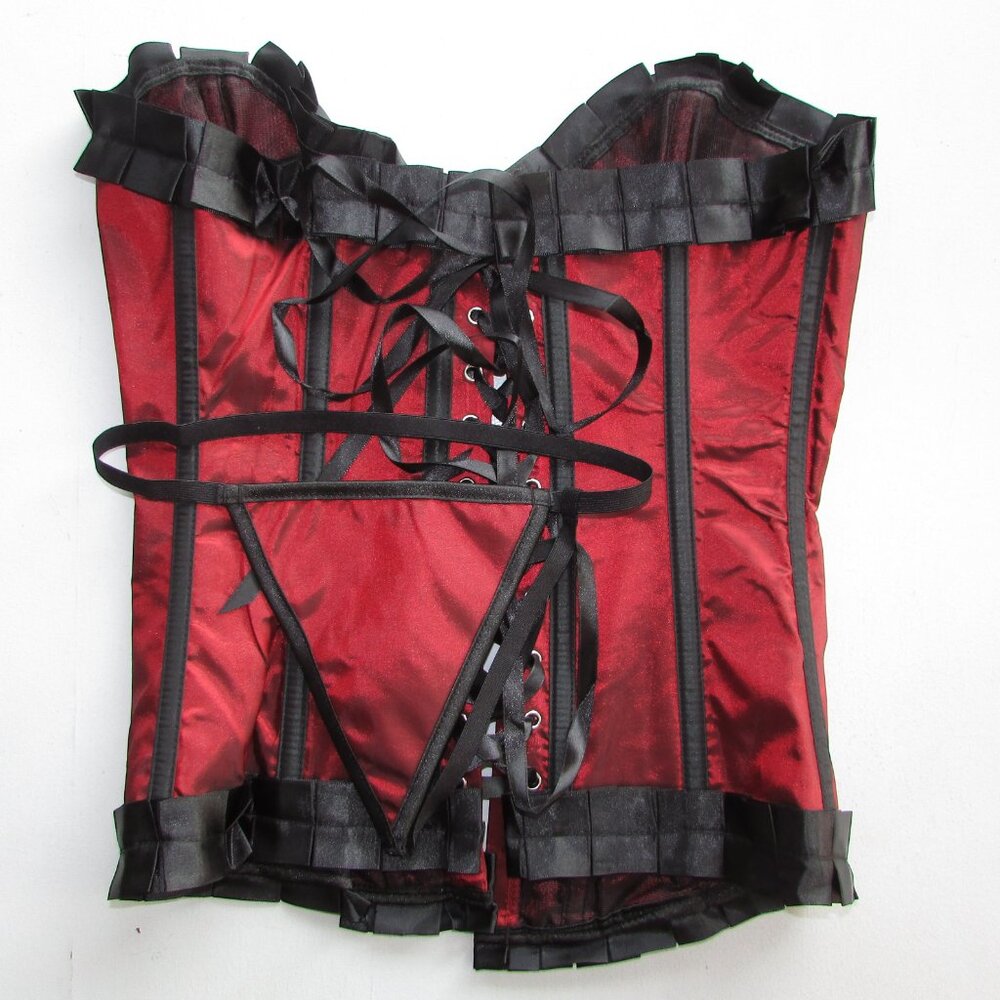 Deep Red Taffeta Ruffled Corset Set - Small - NEW - Picture 7 of 7